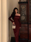 Niulatu Sheath Off The Shoulder Burgundy Long Sleeves Prom Dresses Birthday Outfits Evening Gown SD899