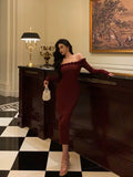 Niulatu Sheath Off The Shoulder Burgundy Long Sleeves Prom Dresses Birthday Outfits Evening Gown SD899