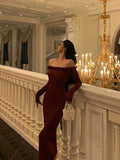 Niulatu Sheath Off The Shoulder Burgundy Long Sleeves Prom Dresses Birthday Outfits Evening Gown SD899