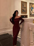 Niulatu Sheath Off The Shoulder Burgundy Long Sleeves Prom Dresses Birthday Outfits Evening Gown SD899