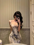 Niulatu Mermaid Square Neckline Ruffles Long Chiffon Slit Prom Dresses Birthday Outfits Evening Gown SD900