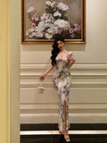 Niulatu Mermaid Square Neckline Ruffles Long Chiffon Slit Prom Dresses Birthday Outfits Evening Gown SD900
