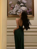 Niulatu Sheath Spaghetti Straps Dark Green Satin Prom Dresses Birthday Outfits Evening Gown SD902