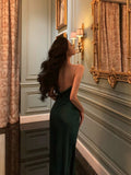 Niulatu Sheath Spaghetti Straps Dark Green Satin Prom Dresses Birthday Outfits Evening Gown SD902