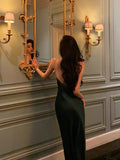 Niulatu Sheath Spaghetti Straps Dark Green Satin Prom Dresses Birthday Outfits Evening Gown SD902