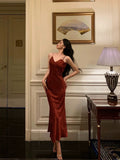 Niulatu Sheath Spaghetti Straps Red Lace Prom Dresses Birthday Outfits Evening Gown SD904
