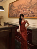 Niulatu Sheath Spaghetti Straps Red Lace Prom Dresses Birthday Outfits Evening Gown SD904