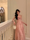 Niulatu A Line Spaghetti Straps Pink Lace Prom Dresses Birthday Outfits Evening Gown SD905