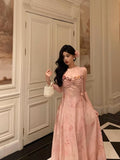 Niulatu A Line Spaghetti Straps Pink Lace Prom Dresses Birthday Outfits Evening Gown SD905