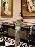 Niulatu Sheath Spaghetti Straps Mint Green Floral Prom Dresses Birthday Outfits Evening Gown SD908