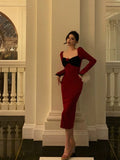 Niulatu French Sheath Long Sleeves Red Prom Dresses Birthday Outfits Evening Gown SD914
