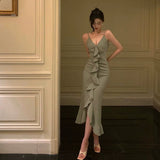 Niulatu Sheath Spaghetti Straps Green Ruffles Prom Dresses Birthday Outfits Evening Gown SD915