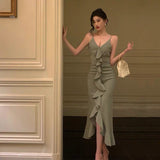 Niulatu Sheath Spaghetti Straps Green Ruffles Prom Dresses Birthday Outfits Evening Gown SD915
