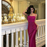Niulatu Sheath Spaghetti Straps Hot Pink Satin Prom Dresses Birthday Outfits Evening Gown SD918