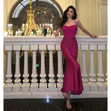 Niulatu Sheath Spaghetti Straps Hot Pink Satin Prom Dresses Birthday Outfits Evening Gown SD918