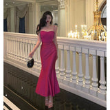 Niulatu Sheath Spaghetti Straps Hot Pink Satin Prom Dresses Birthday Outfits Evening Gown SD918