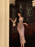 Niulatu Sheath V neckline Lilac Floral Satin Prom Dresses Birthday Outfits Evening Gown SD919