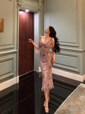 Niulatu Sheath V neckline Lilac Floral Satin Prom Dresses Birthday Outfits Evening Gown SD919