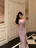 Niulatu Sheath V neckline Lilac Floral Satin Prom Dresses Birthday Outfits Evening Gown SD919