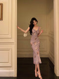 Niulatu Sheath V neckline Lilac Floral Satin Prom Dresses Birthday Outfits Evening Gown SD919