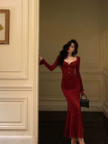 Niulatu Sheath Sweetheart Red Ruffles Velvet Prom Dresses Birthday Outfits Evening Gown SD920