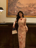 Niulatu A Line Square Neckline Long Sleeves Pink Floral Prom Dresses Birthday Outfits Evening Gown SD921