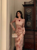 Niulatu A Line Square Neckline Long Sleeves Pink Floral Prom Dresses Birthday Outfits Evening Gown SD921