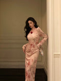 Niulatu A Line Square Neckline Long Sleeves Pink Floral Prom Dresses Birthday Outfits Evening Gown SD921