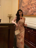 Niulatu A Line Square Neckline Long Sleeves Pink Floral Prom Dresses Birthday Outfits Evening Gown SD921