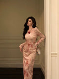 Niulatu A Line Square Neckline Long Sleeves Pink Floral Prom Dresses Birthday Outfits Evening Gown SD921