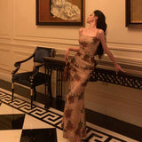 Niulatu Sheath Spaghetti Straps Champagne Floral Prom Dresses Birthday Outfits Evening Gown SD922