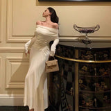 Niulatu Sheath Off The Shoulder Long Sleeves Ivory Prom Dresses Birthday Outfits Evening Gown SD923