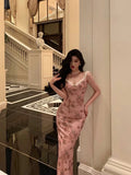 Niulatu Sheath Straps Pink Floral Prom Dresses Long Birthday Outfits Evening Gown SD928