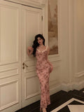 Niulatu Sheath Straps Pink Floral Prom Dresses Long Birthday Outfits Evening Gown SD928