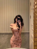 Niulatu Sheath Straps Pink Floral Prom Dresses Long Birthday Outfits Evening Gown SD928