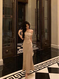 Niulatu Mermaid One Shoulder Satin Champagne Prom Dresses Long Birthday Outfits Evening Gown SD934