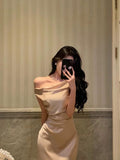 Niulatu Mermaid One Shoulder Satin Champagne Prom Dresses Long Birthday Outfits Evening Gown SD934