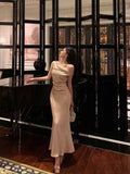 Niulatu Mermaid One Shoulder Satin Champagne Prom Dresses Long Birthday Outfits Evening Gown SD934