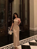 Niulatu Mermaid One Shoulder Satin Champagne Prom Dresses Long Birthday Outfits Evening Gown SD934