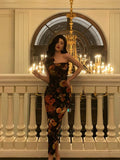 Niulatu Sheath Strapless Black Floral Prom Dresses Birthday Outfits Evening Gown SD936