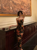 Niulatu Sheath Strapless Black Floral Prom Dresses Birthday Outfits Evening Gown SD936