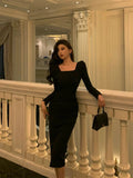 Niulatu Sheath Square Neckline Black Prom Dresses Birthday Outfits Evening Gown SD937
