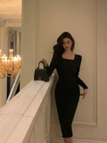 Niulatu Sheath Square Neckline Black Prom Dresses Birthday Outfits Evening Gown SD937