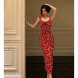 Niulatu Sheath Spaghetti Straps Red Floral Prom Dresses Birthday Outfits Evening Gown SD940