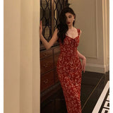 Niulatu Sheath Spaghetti Straps Red Floral Prom Dresses Birthday Outfits Evening Gown SD940