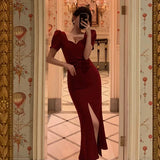 Niulatu Sheath Sweetheart Neckline Short Sleeves Red Prom Dresses Birthday Outfits Evening Gown SD941