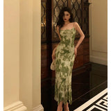 Niulatu Sheath Spaghetti Straps Floral Green Prom Dresses Birthday Outfits Evening Gown SD943
