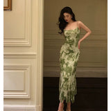 Niulatu Sheath Spaghetti Straps Floral Green Prom Dresses Birthday Outfits Evening Gown SD943