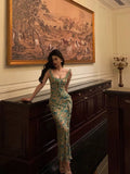 Niulatu Mermaid Straps Floral Green Chiffon Prom Dresses Birthday Outfits Evening Gown SD943