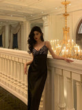 Niulatu Sheath Spaghetti Straps Black Satin Prom Dresses Birthday Outfits Evening Gown SD947